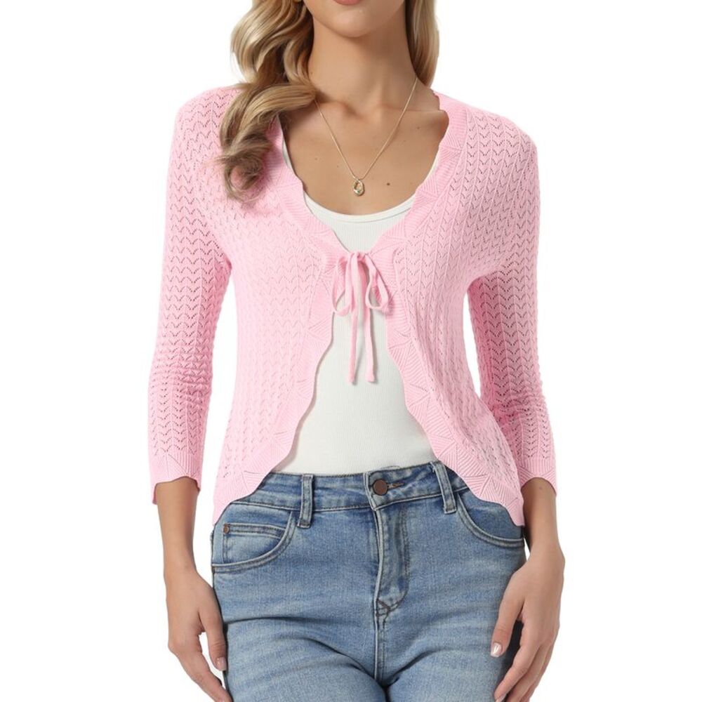 Women Crochet Tie Front Cardigan Bolero Shrug Knit Crop Tops Pink